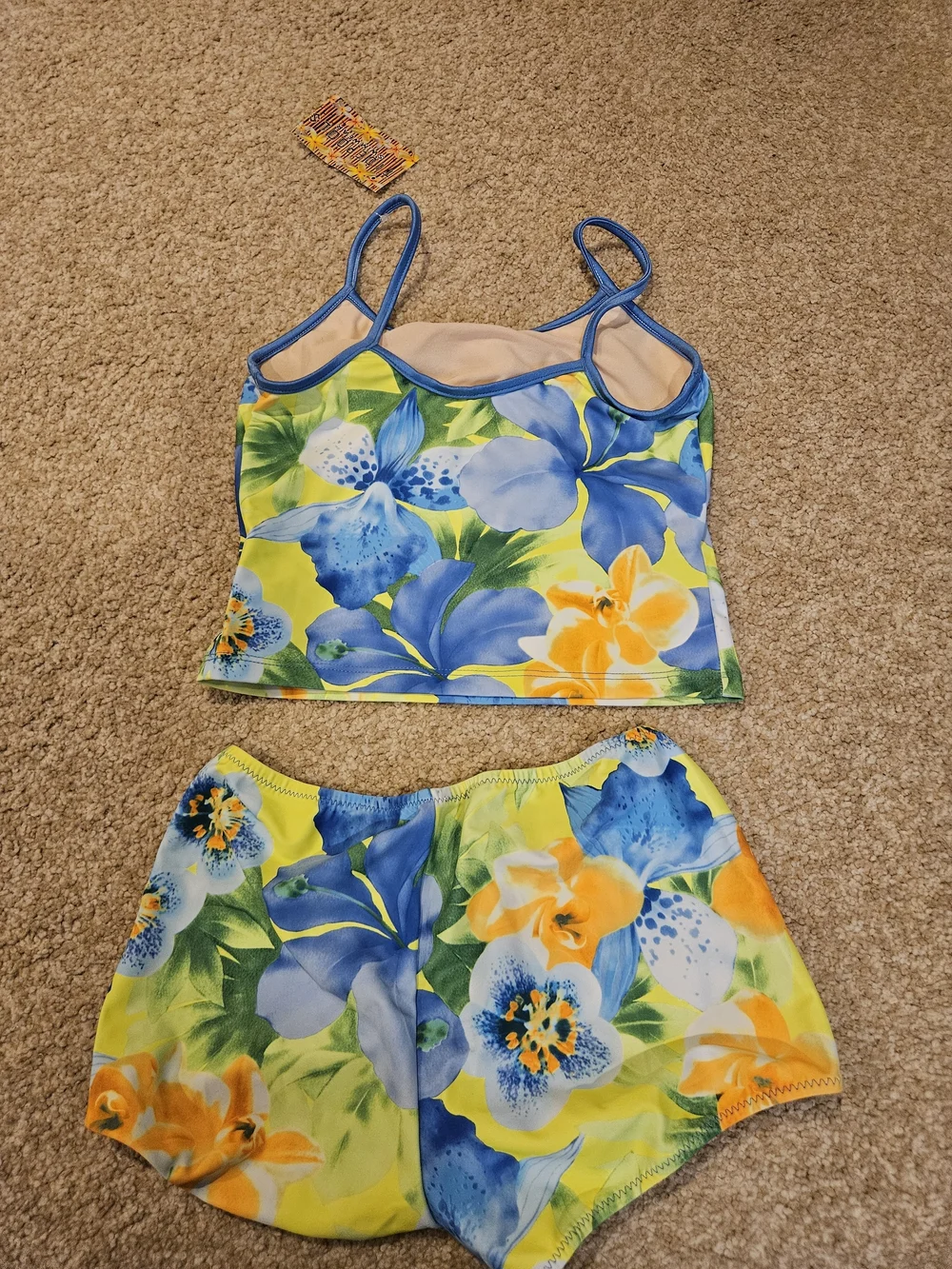 Yellow Tropical Floral Tankini Set with Blue and Orange Flowers- Girls Size 12